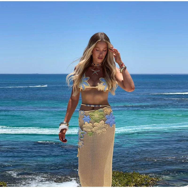שמלת חוף רשת סרוגה / סט חוף שני חלקים טופ וחצאית מקסי רשת סרוגה בעיטור אפליקציות פרחים - סאנשיין