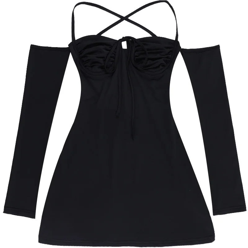 שמלת מיני כתפיים חשופות בעיטור קשירה בחזה - רומי