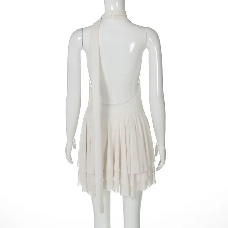 שמלת מיני שיפון מלמלה גב פתוח צווארון נופל בעיטור צעיף תואם -  Lexi