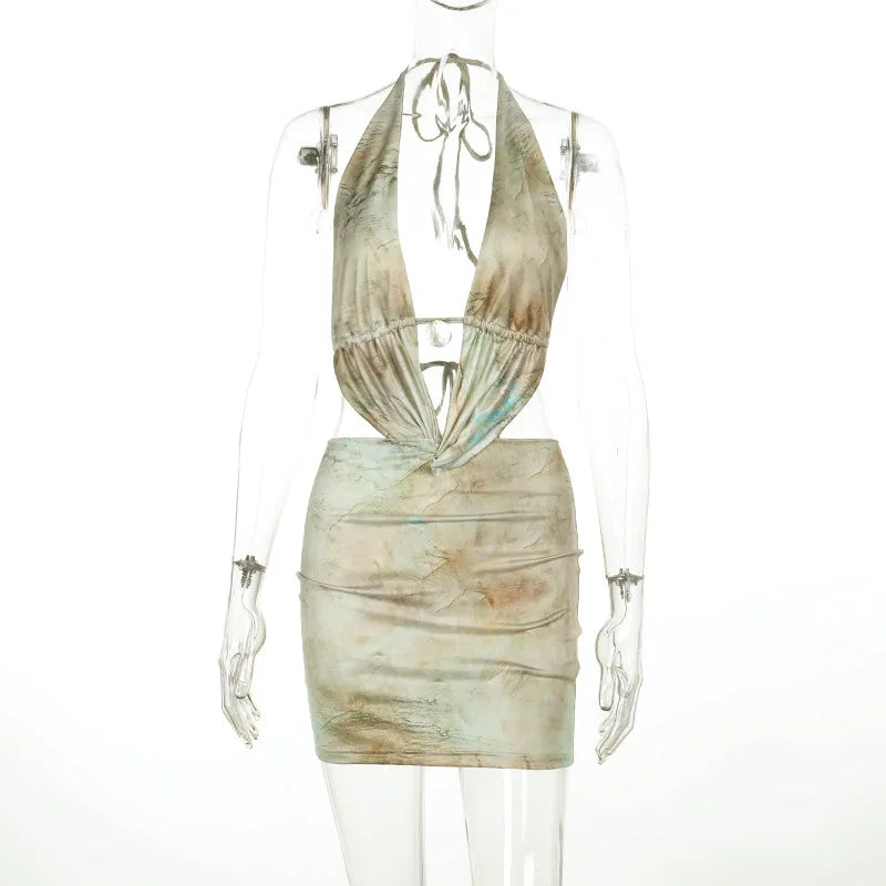 שמלת מיני קשירה בצוואר גב פתוח בעיצוב הדפס מיוחד - וונדה