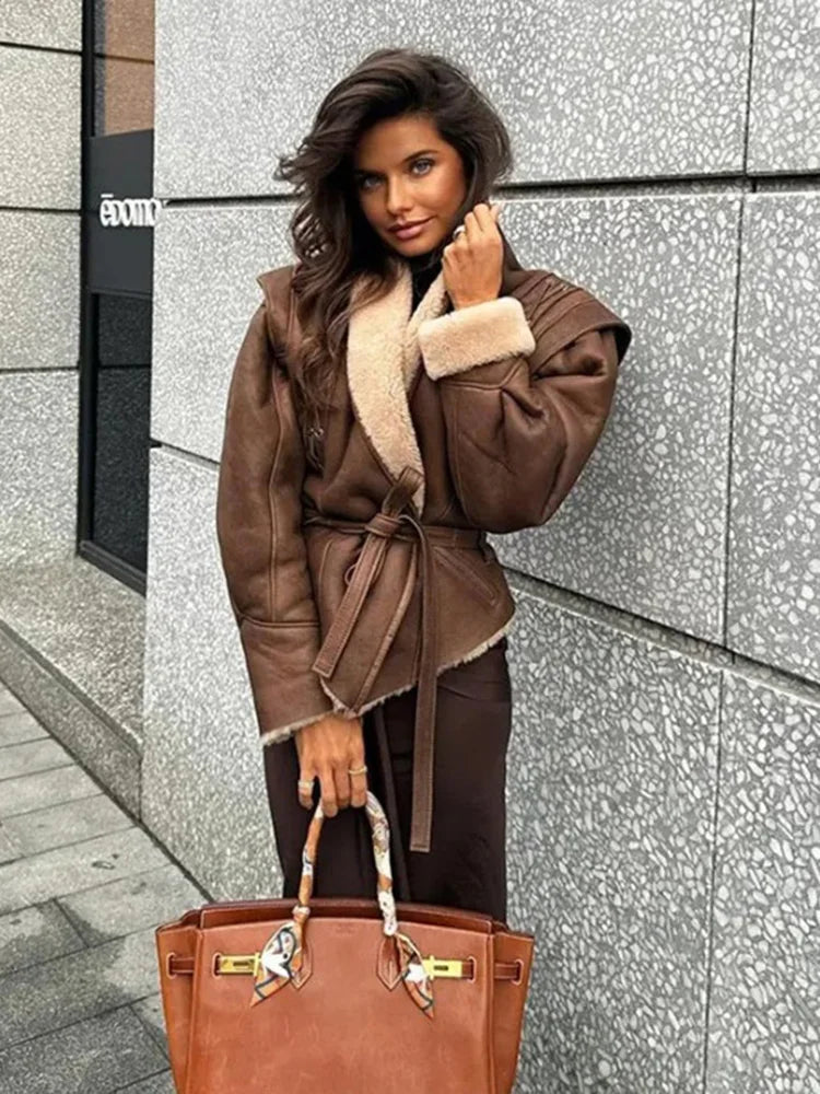 מעיל עור פרווה פנימית בעיצוב קשירת חגורה - מורן