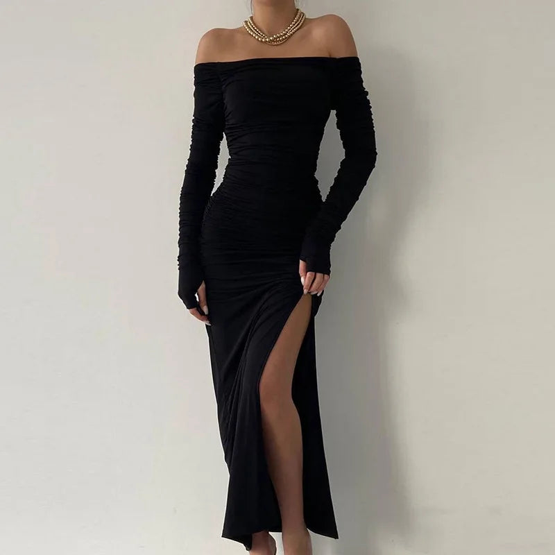 שמלת מקסי כיווצים בעיטור שסע - MARINA