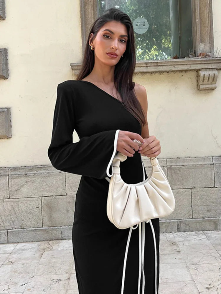 שמלת מידי סרוגה שרוול אחד בעיטור קשירת מעטפת - תהילה