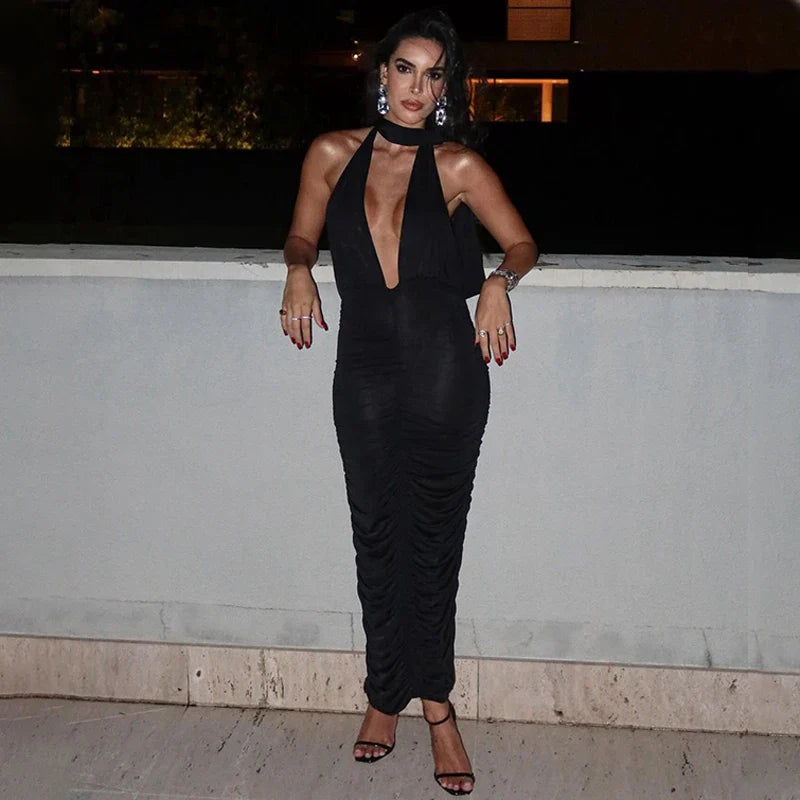 שמלת מקסי קולר כיווצים צמודה צווארון V גב פתוח - Jimena