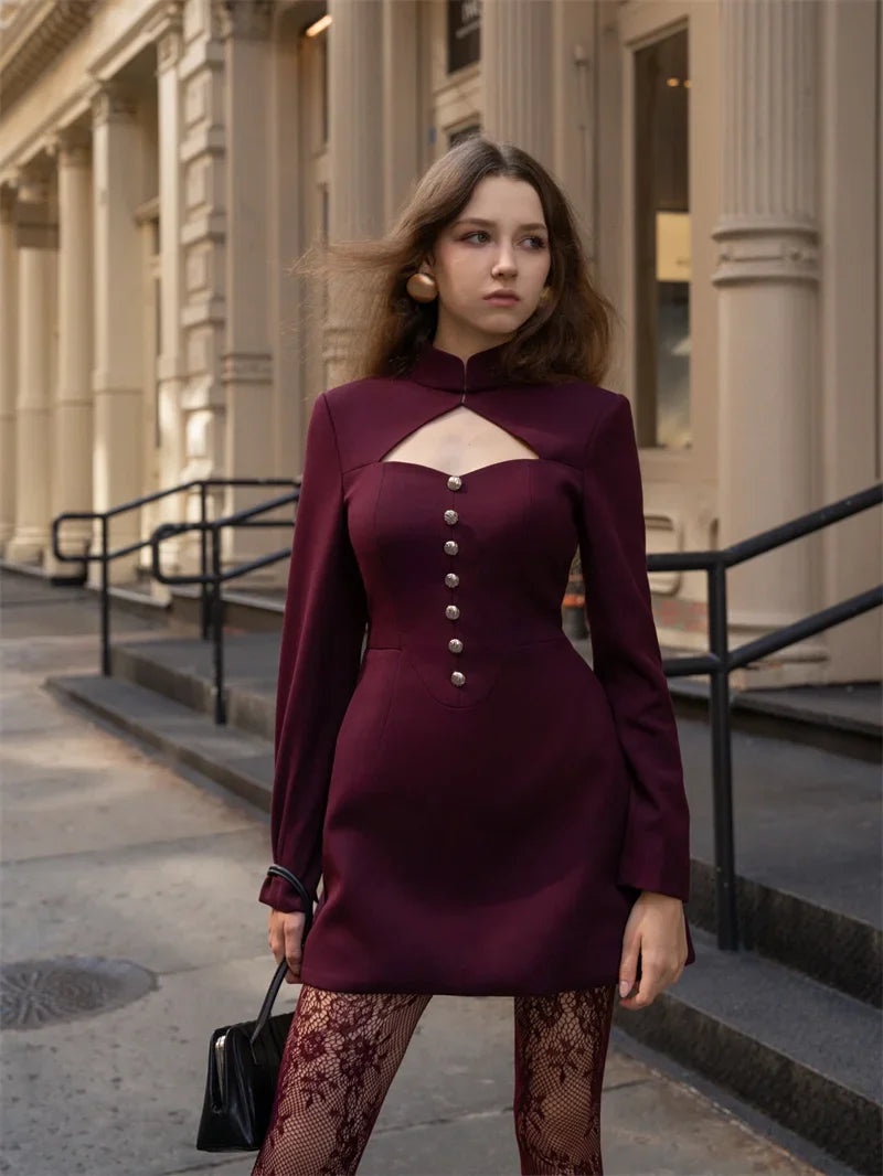 A-line tailored turtleneck mini dress with button detail - Mary Lane