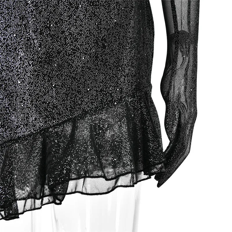 שמלת מיני נצנצים בעיצוב מלמלה בעיטור כפפות תואמות - ברוק