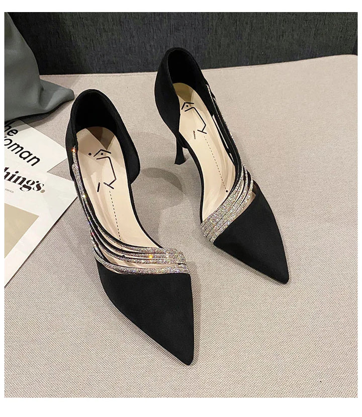 Suede Fabric Pointed Heel Shoes with Sparkling Sequin Design - Alior
