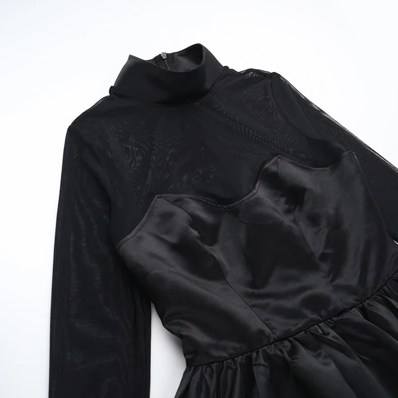 שמלת מיני בלון סאטן בעיצוב רשת צווארון חצי גולף - מורין