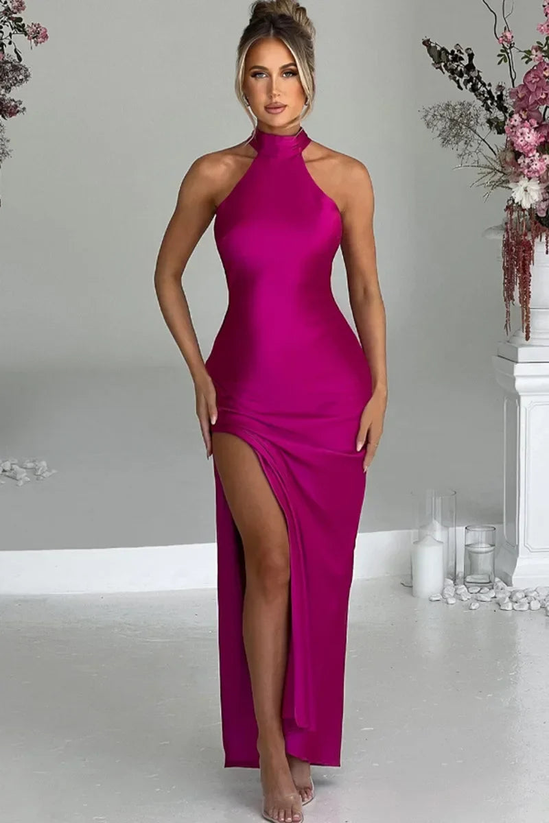 שמלת סאטן מקסי קולר בעיטור שסע - אמארי