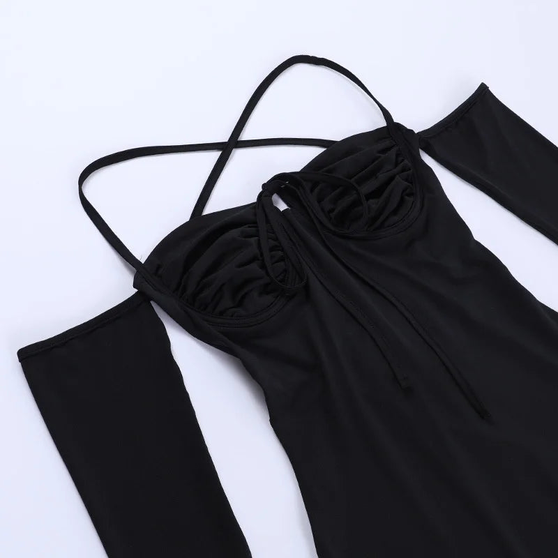 שמלת מיני כתפיים חשופות בעיטור קשירה בחזה - רומי