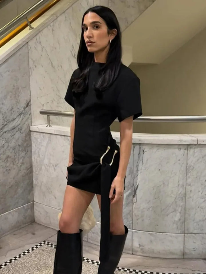 Specially designed mini dress with buckle and train decoration - Morgan