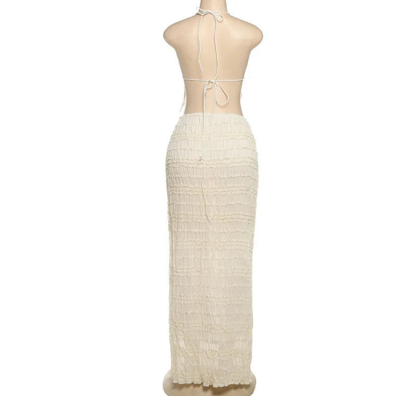 סט שני חלקים בעיצוב שיפון וכיווצים טופ קשירה וחצאית מקסי - אורורה