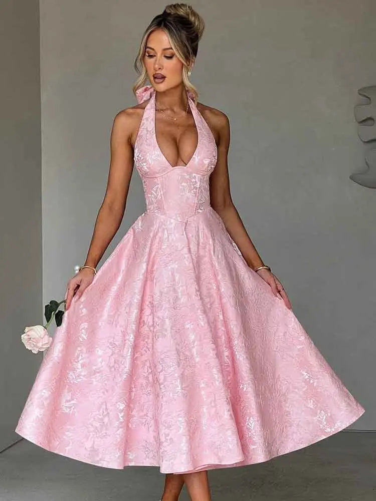 שמלת מידי בגזרת A קשירה בצוואר גב פתוח בעיטור רקמת איורי פרחים - פלורה