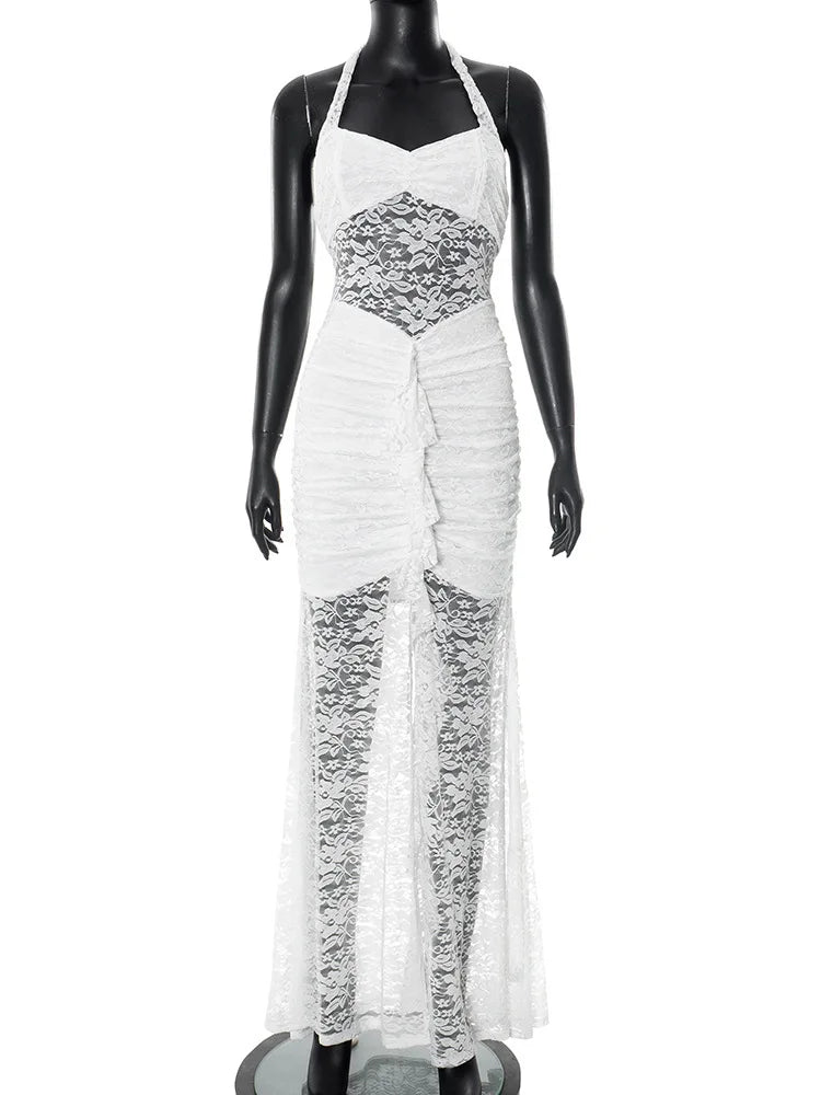 שמלת מקסי תחרה בעיצוב שסע בעיטור מלמלה - רוזלין