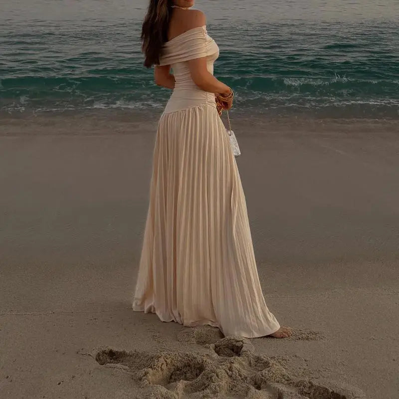 שמלת מקסי סרוגה כיווצים אלגנטית כתפיים חשופות - אלינור