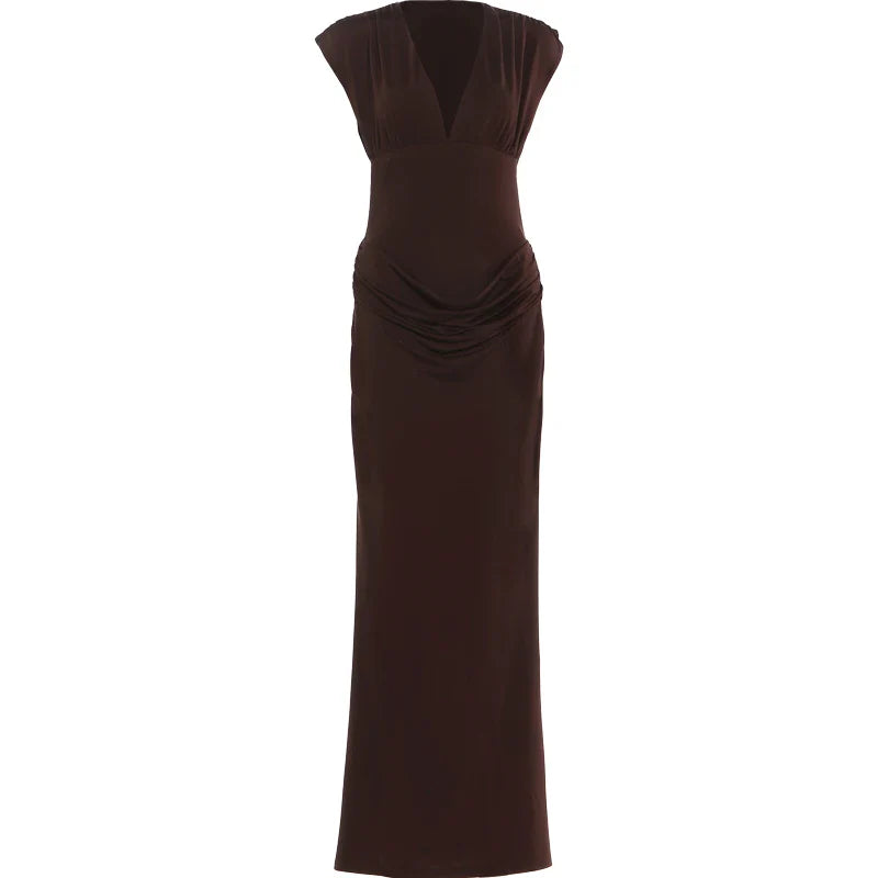 Maxi dress with pleats and gathers, V-neckline - Pearly