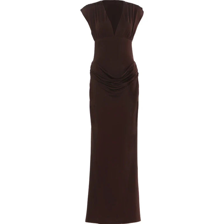 Maxi dress with pleats and gathers, V-neckline - Pearly
