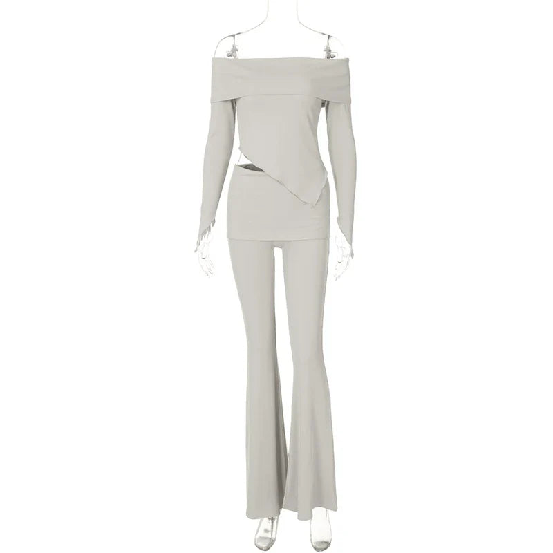 חליפת שני חלקים סרוגה חולצת כתפיים חשופות בגזרה אסימטרית ומכנסיים ארוכים - ROZIE