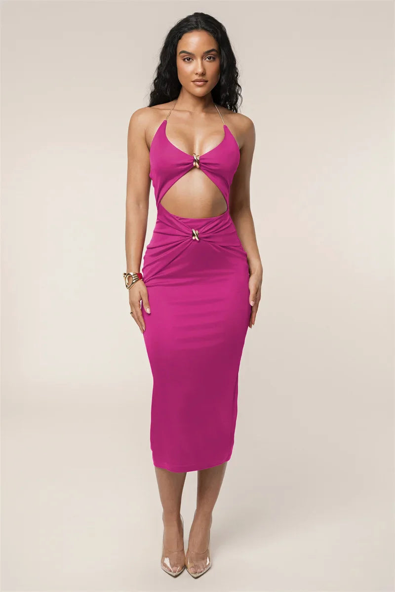 שמלת מידי צמודה בעיצוב שרשרת ופתח בעיטור אבזמים - ג'ון