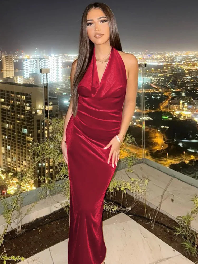 שמלת מקסי קטיפה צווארון נופל גב פתוח - מרלה