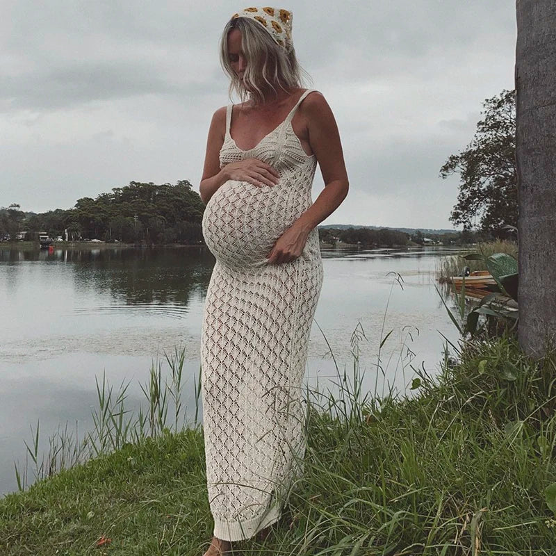 שמלת חוף מקסי סרוגה בשילוב שסע - כוכב