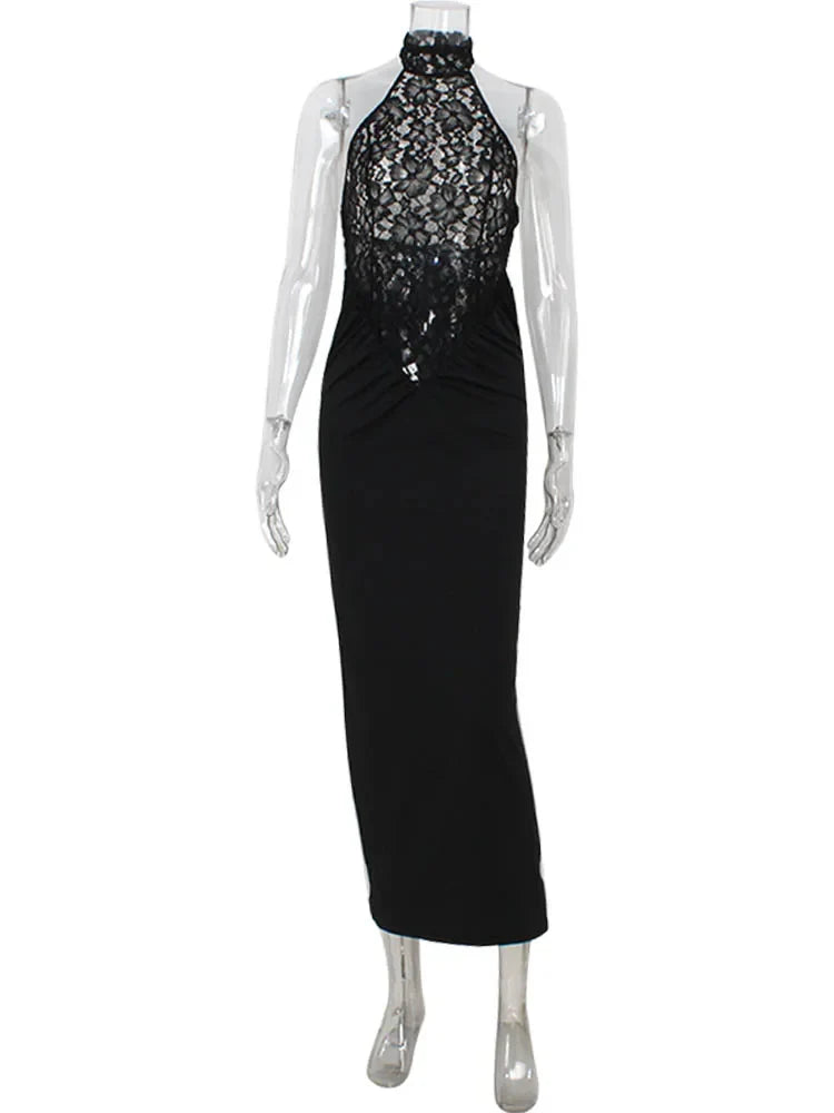 שמלת מקסי מקסי קולר בעיצוב תחרה ללא תחתית גב פתוח - Eliza