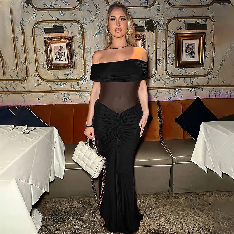 שמלת מקסי כיווצים כתפיים חשופות בעיצוב רשת - רונה