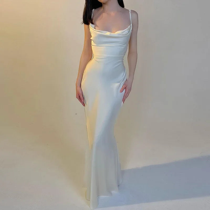 שמלת מקסי סאטן אלגנטית קשירה בגב להצמדה במותן - זוהר