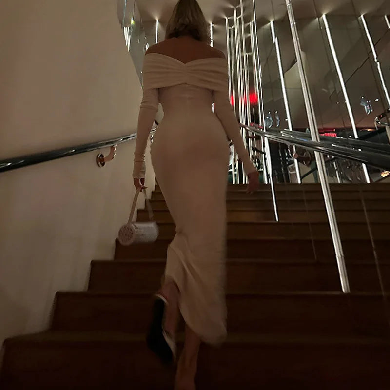 שמלת מקסי כתפיים חשופות בעיצוב כיווצים - ליליאן