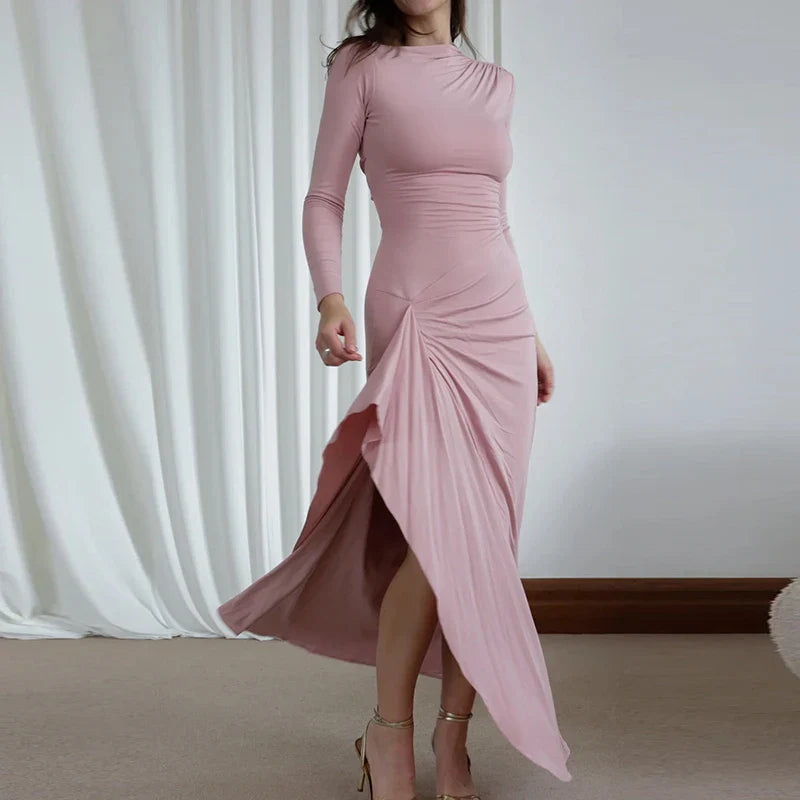 שמלת מקסי צנועה אלגנטית בעיצוב שסע כיווצים וקשירה בגב להצמדה במותן - הודיה