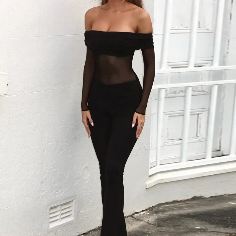 אוברול בד מחטב בעיצוב רשת וכתפיים חשופות מכנסי פדלפון - מאיה לי