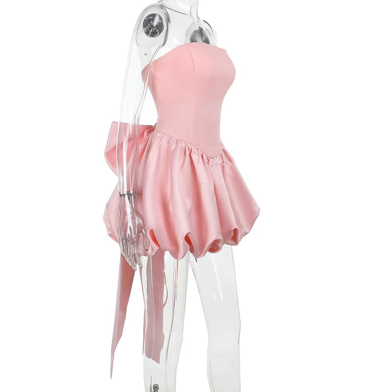 שמלת מיני סטרפלס סאטן בגזרת בלון בעיטור פפיון - נינה