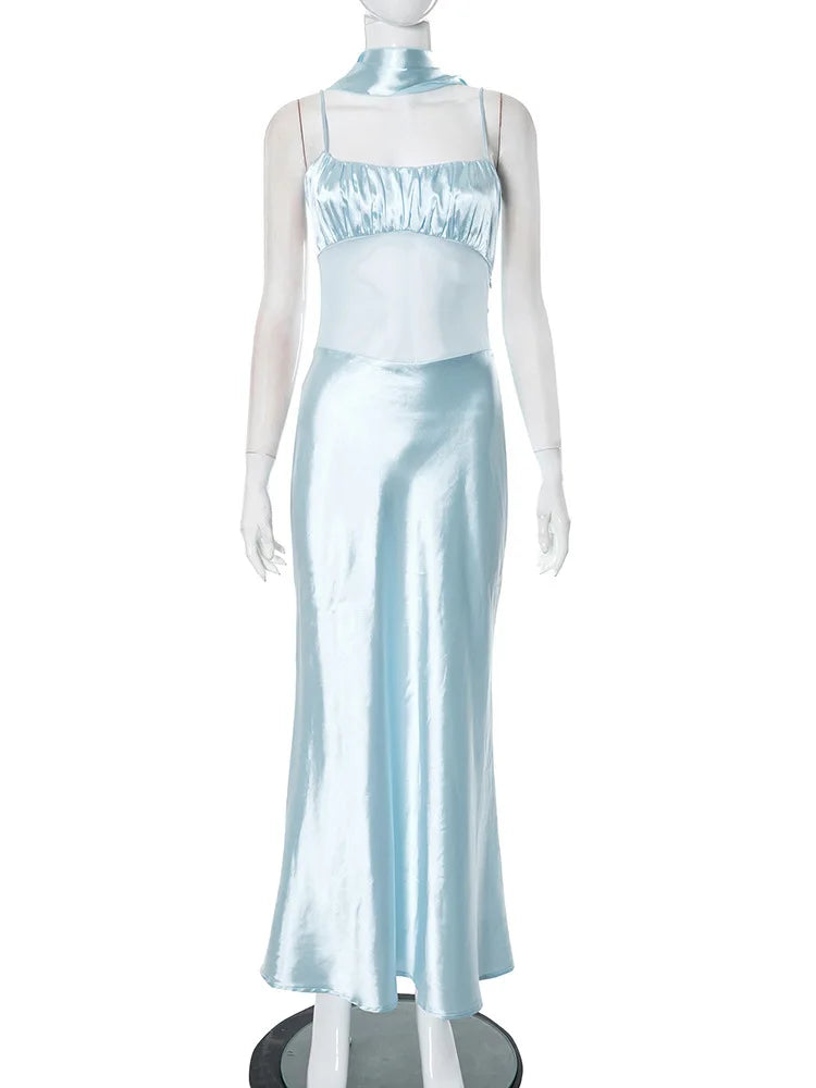 שמלת מקסי סאטן בעיטור רשת וצעיף תואם - סלסטה