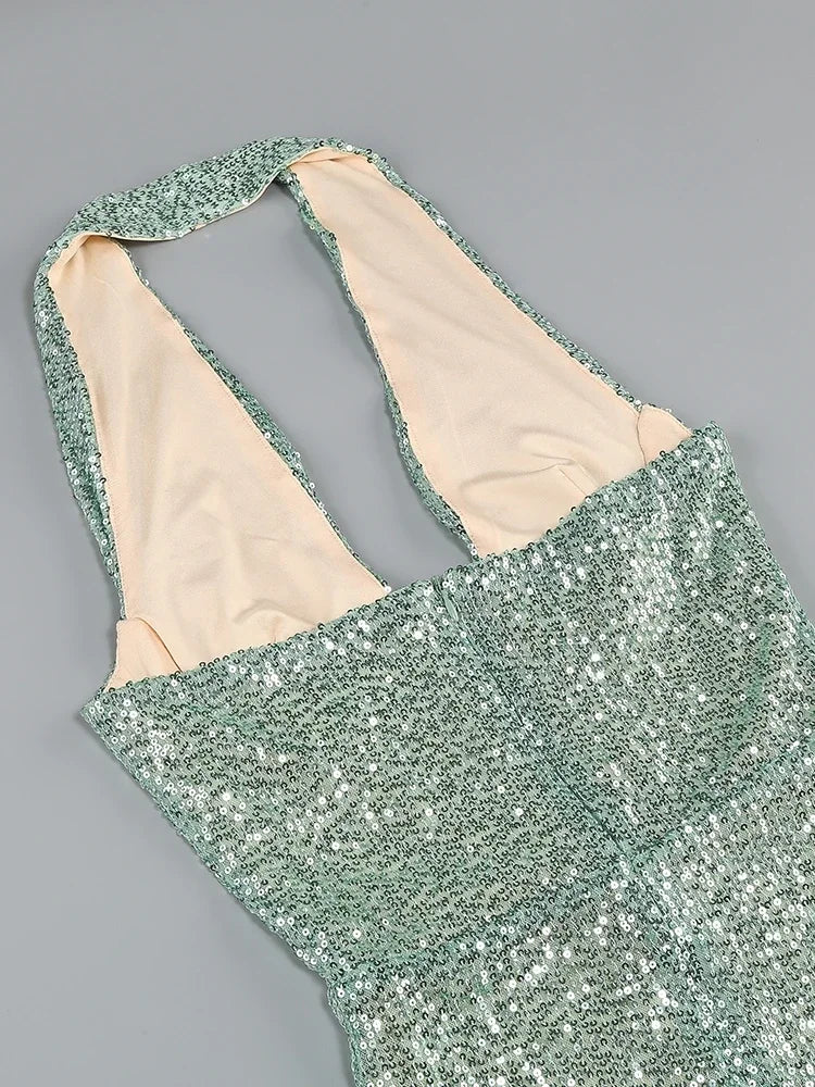 שמלת מקסי פייטים צמודה מחשוף עמוק - גרין