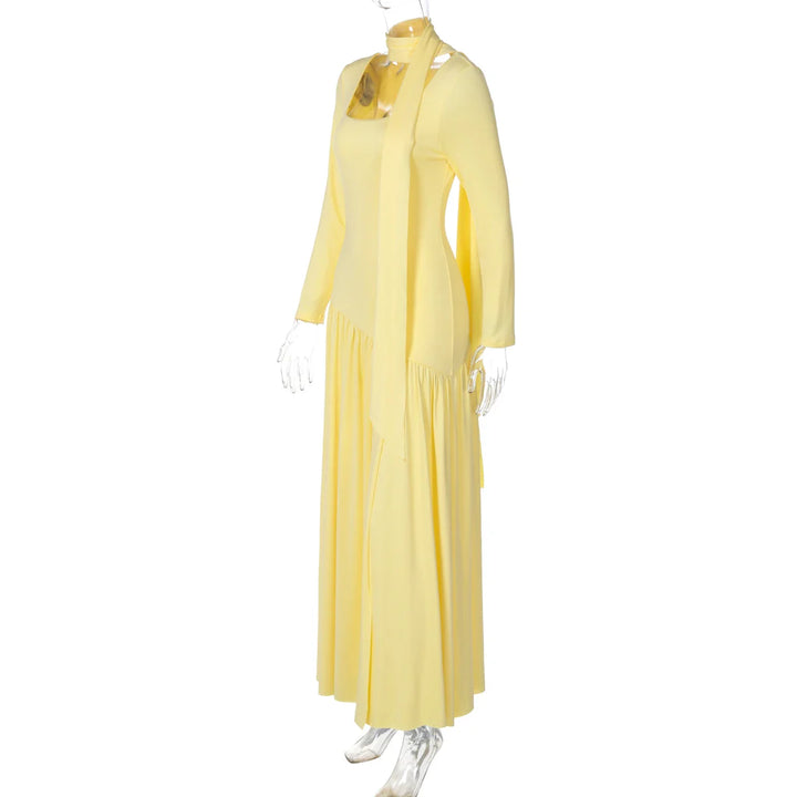 Elegant maxi dress with a slit design and a scarf decoration - RONA LI