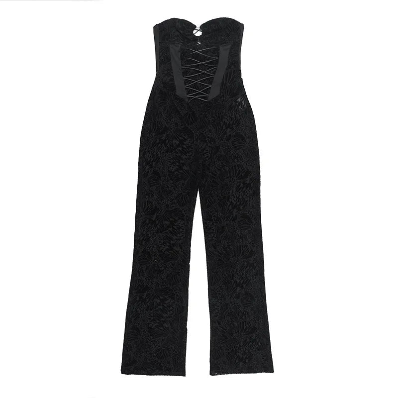 אוברול סטרפלס רשת בעיצוב קטיפה מנומרת בעיטור אבזם חישוק - בלאק לונה