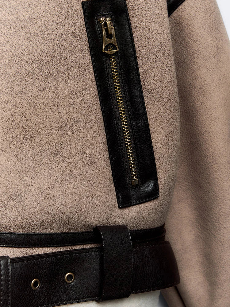 ג'קט זמש קצר פרווה פנימית בעיטור חגורת עור - פיליפ