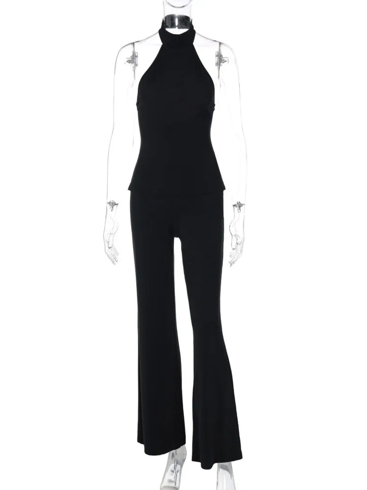 סט שני חלקים בד מחטב ומחמיא חולצת קולר גב פתוח ומכנסיים ארוכים - Sienna