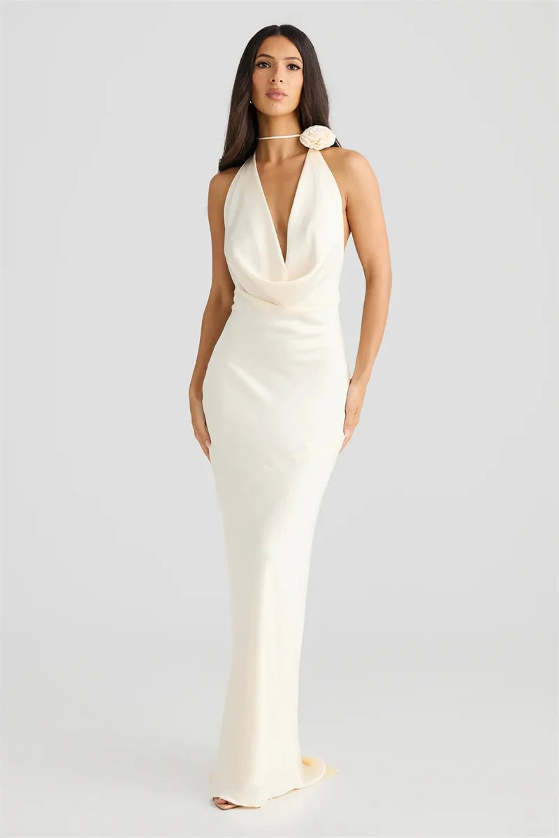 שמלת מקסי סאטן גב פתוח צווארון נופל - פאולה