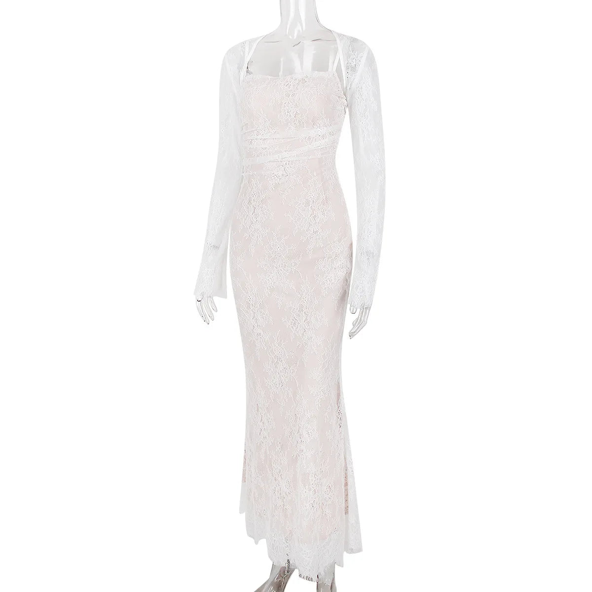 שמלת מקסי אלגנטית תחרה בשילוב עליונית שרוולי תחרה - איליה