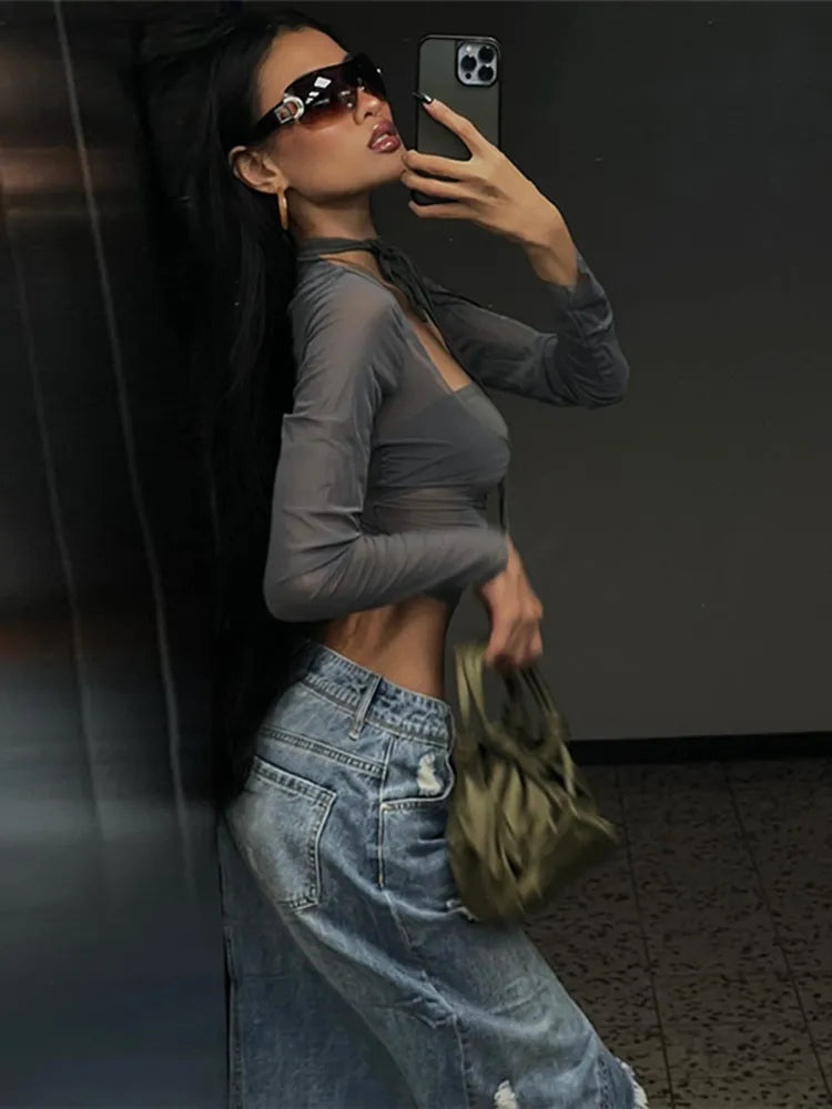 חולצת רשת בחיתוך אסימטרי - ניקס