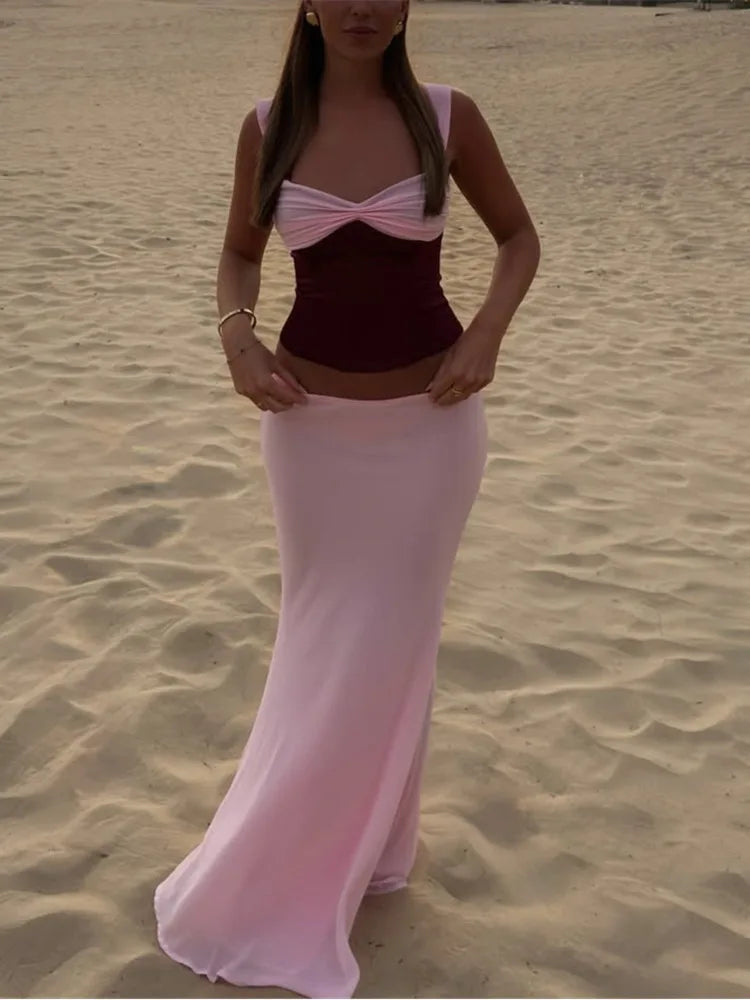 סט שני חלקים חולצה בעיצוב סאטן וחצאית מקסי בעיטור שיפון - מקסימה