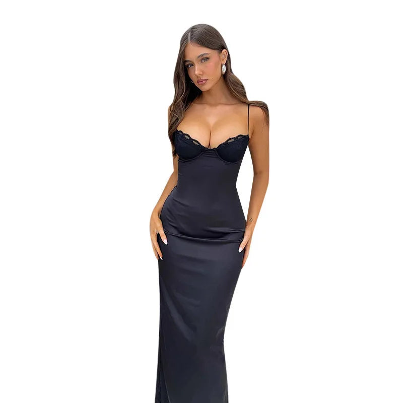 שמלת מקסי סאטן בעיטור תחרה - Cassidy