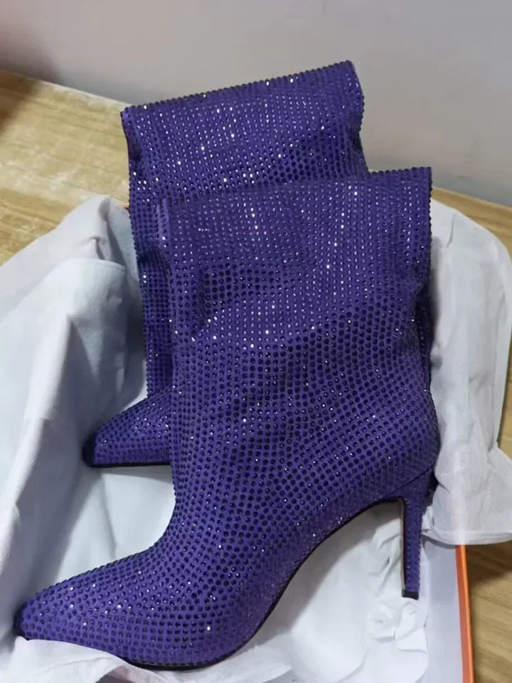 High-heeled pointed-toe boots with glittery rhinestones - Josie