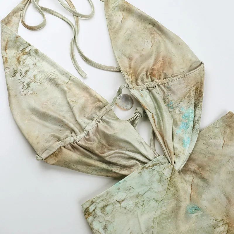 שמלת מיני קשירה בצוואר גב פתוח בעיצוב הדפס מיוחד - וונדה