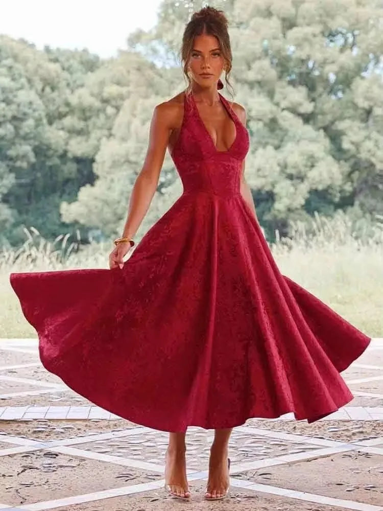 שמלת מידי בגזרת A קשירה בצוואר גב פתוח בעיטור רקמת איורי פרחים - פלורה