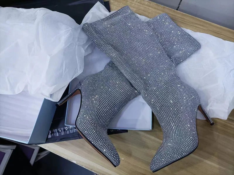 High-heeled pointed-toe boots with glittery rhinestones - Josie