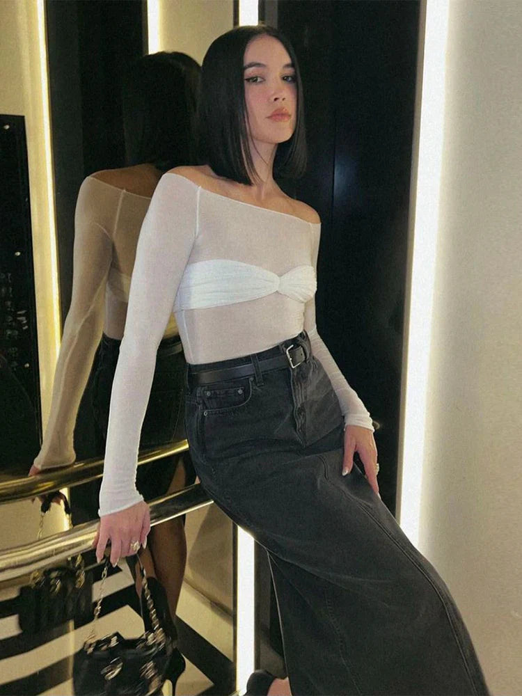 חולצת כתפיים חשופות חצי שקופה - שילה