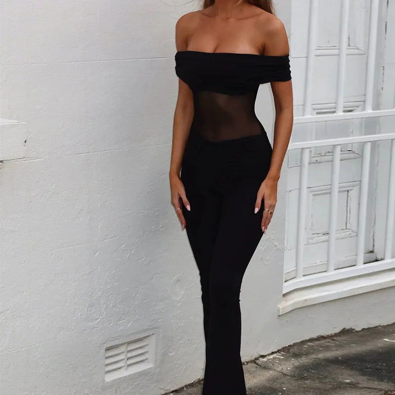 אוברול בד מחטב בעיצוב רשת וכתפיים חשופות מכנסי פדלפון - מאיילין