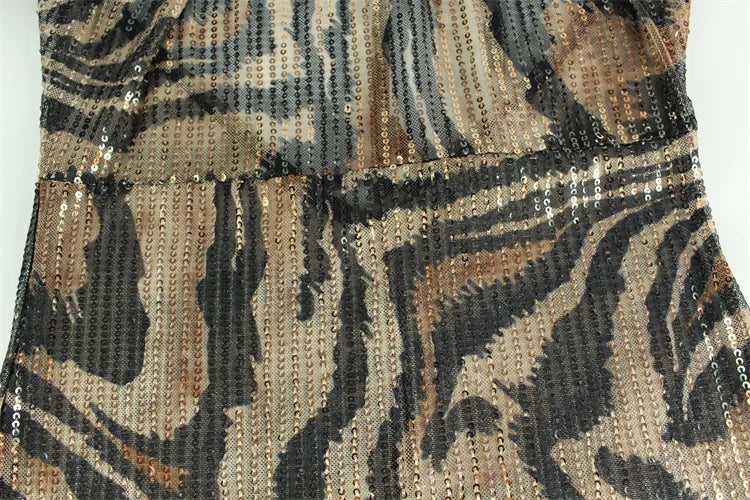 שמלת מקסי פייטים מנומרת צווארון נופל גב פתוח - Magnolia